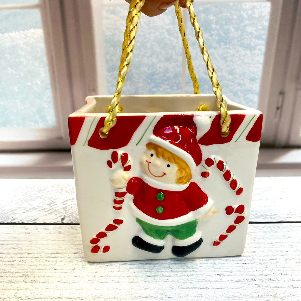 Ceramic Elf with Candy Canes Shopping Bag by Atico 4" Tall | Christmas Decor